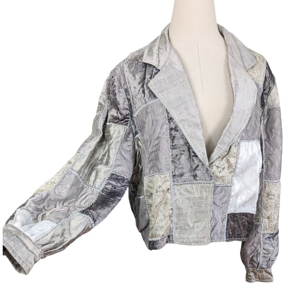Y2K Patchwork Velvet Jacket XS Gray Silver Lace 90s Eclectic Artsy Whimsigoth - Picture 2 of 16